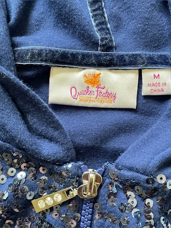 Quacker Factory women’s navy blue sequin sparkle front zip up hooded sweater - Picture 6 of 7